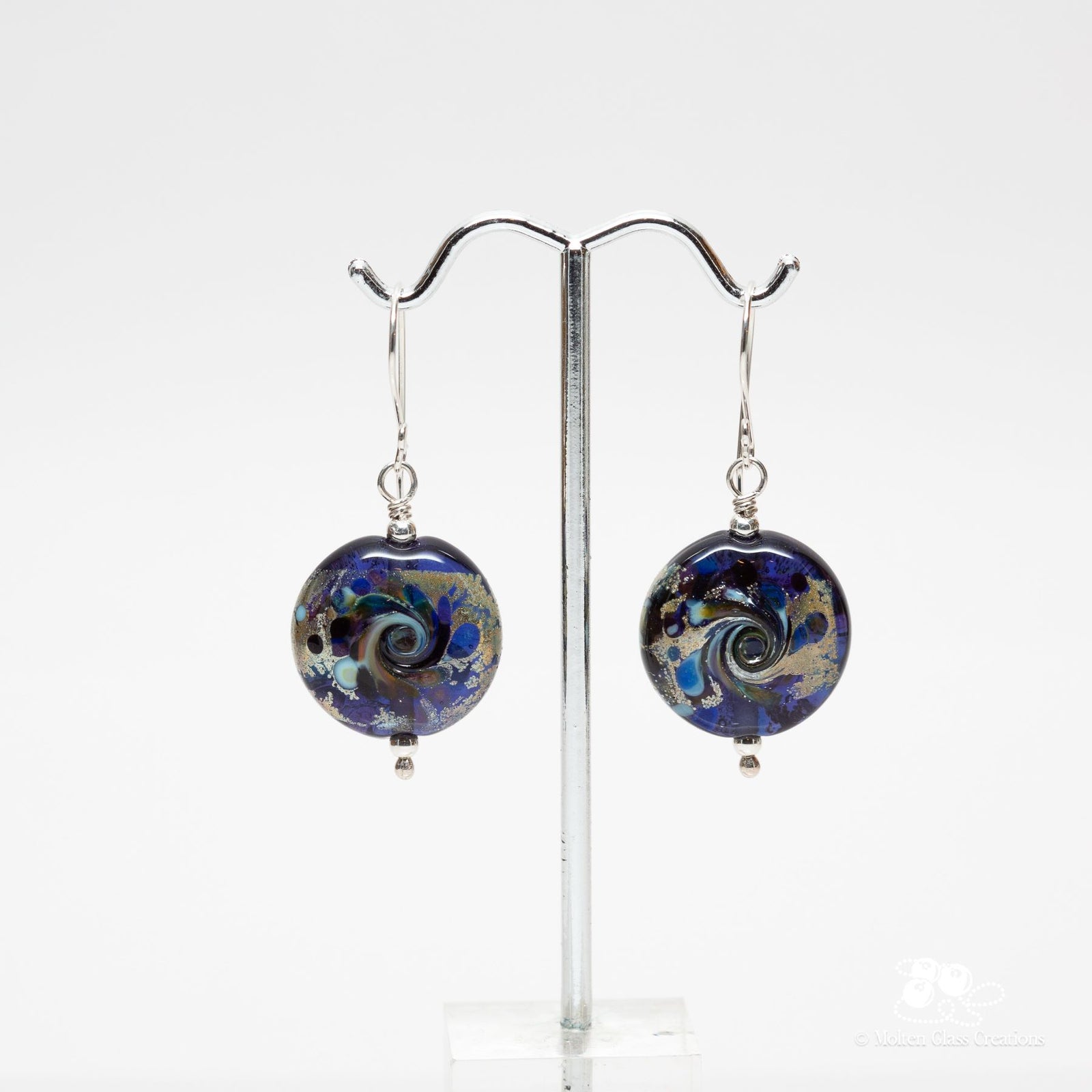 Artisan Midnight Blue Lampwork Gray newest Stone Silver Drop Earrings