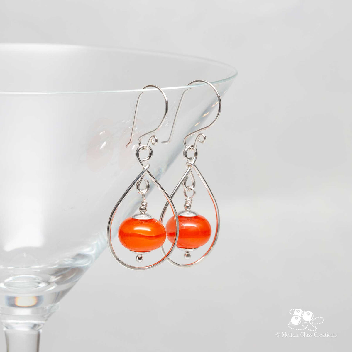 Glass and Silver Teardrop Earrings Opal Orange