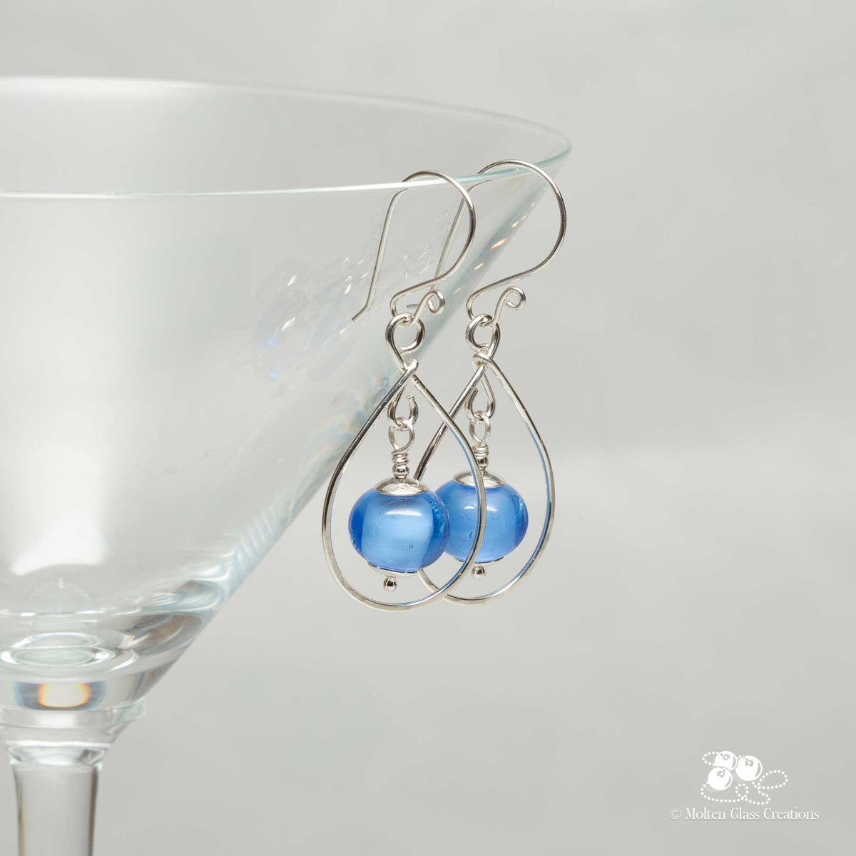 Glass and Silver Teardrop Earrings Medium Blue