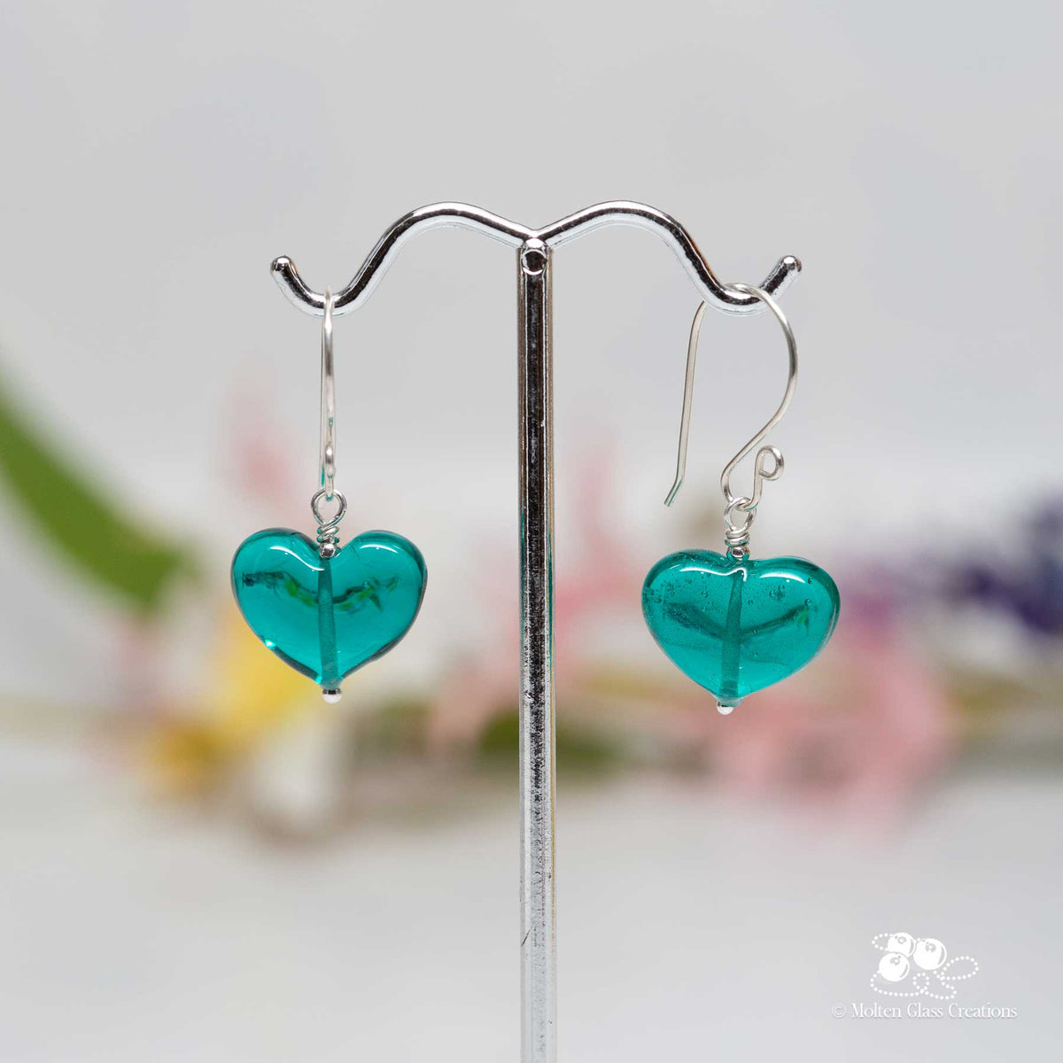 Teal Glass Heart Earrings