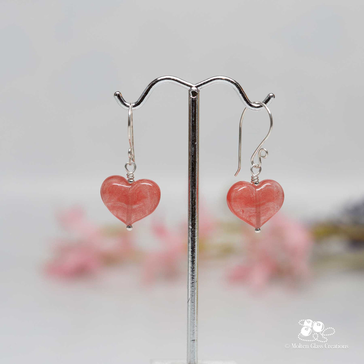 Streaky Pink Glass Heart Earrings