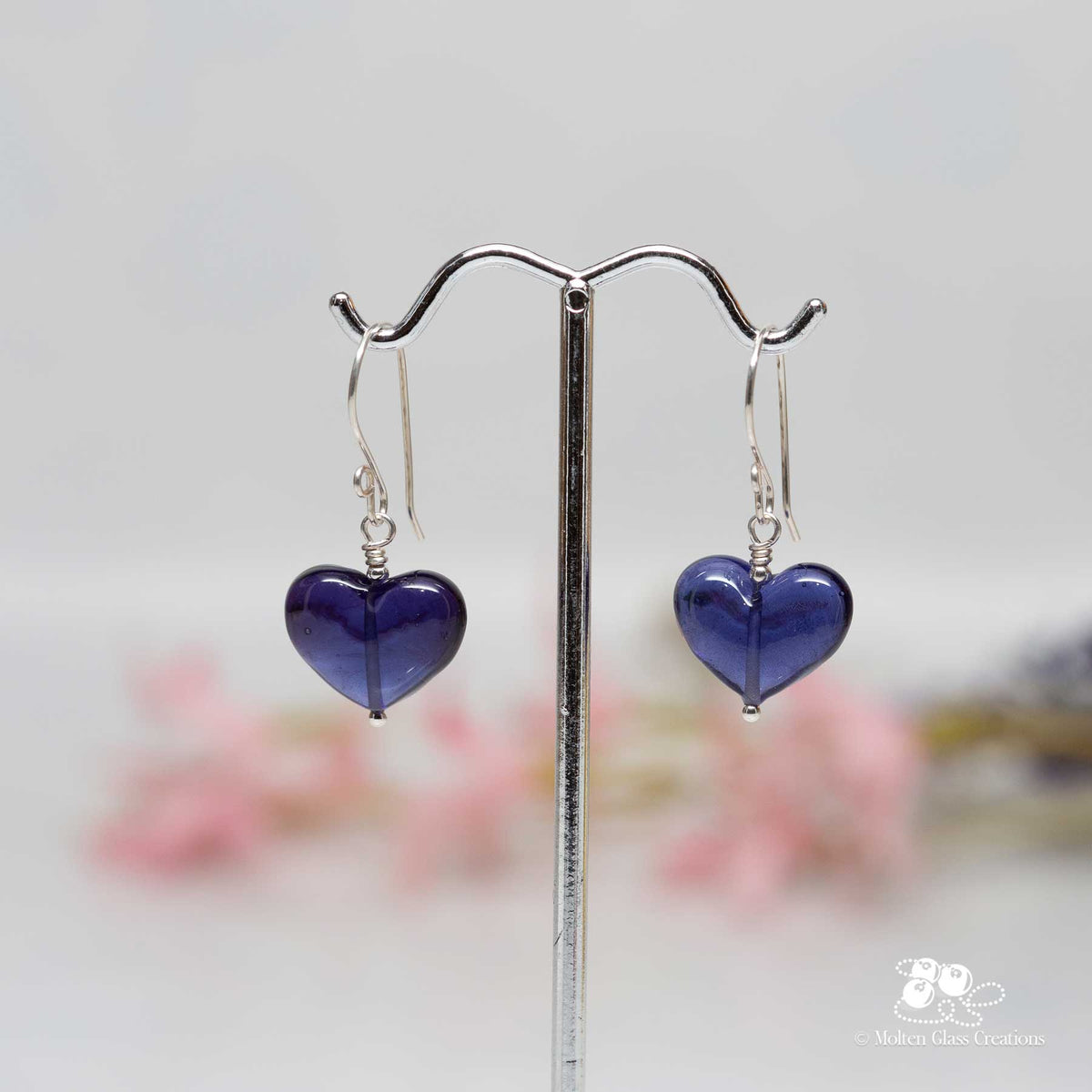 Blue Glass Heart Earrings