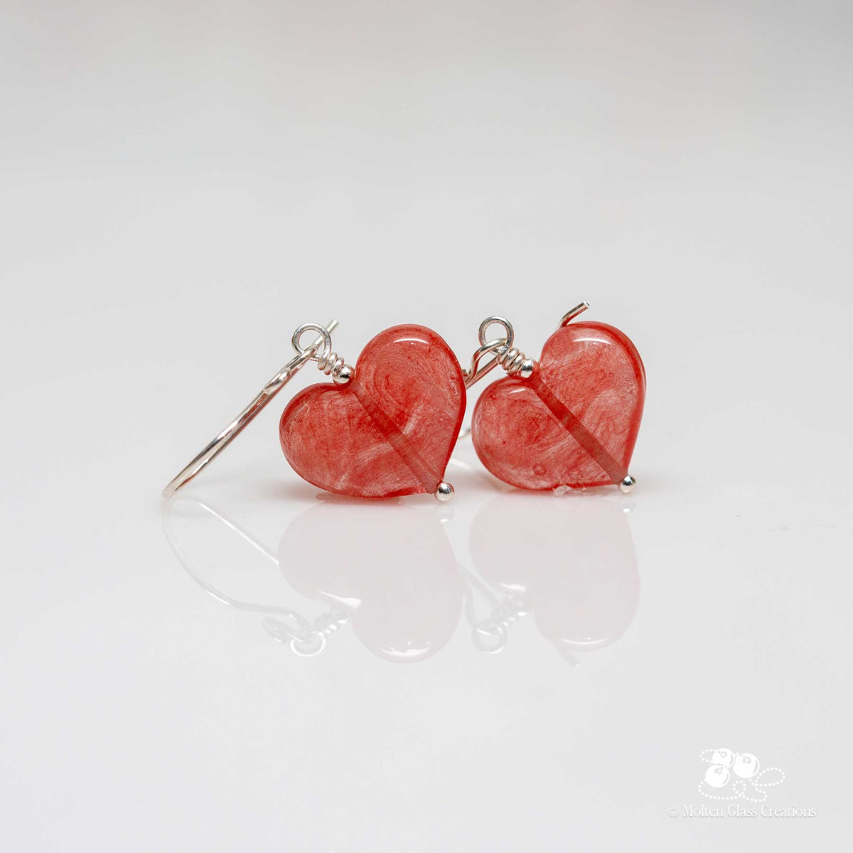 Streaky Pink Glass Heart Earrings